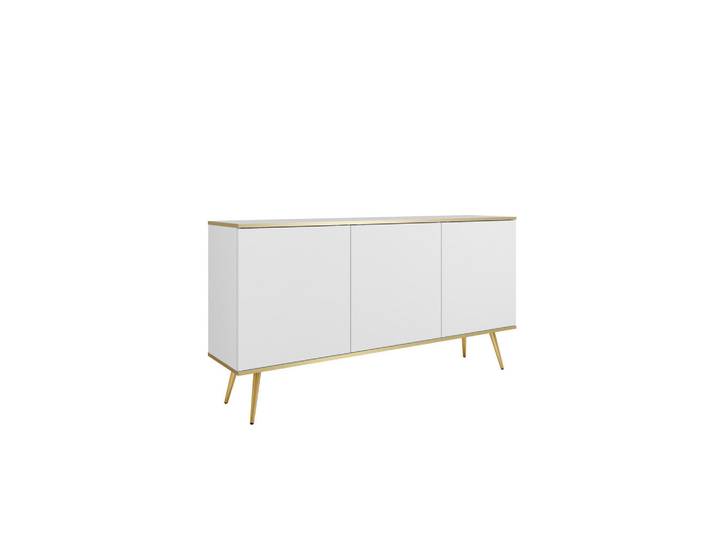 Ravio Kommode Forno (Weiß, Goldene Details, 3 Türen, goldene Metallfüße), Weiß, Goldfarben, Eiche, Rechteckig, 160x85x39 cm, Kleinmöbel, Kommoden, Sideboards