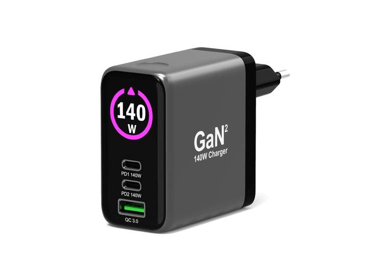 Port Connect Chargeur mural GAN² 140W avec écran - 2x USB-C et 1x USB-A + Câble USB-C / C - Noir