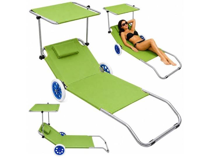 Chaise longue de plage pliante verte en aluminium - LEAN - Auvent solaire réglable - Appui-tête - 2 roues
