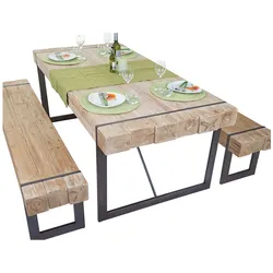 Esszimmergarnitur MCW-A15, Esstisch + 2x Sitzbank, Tanne Holz rustikal massiv MVG-zertifiziert ~ naturfarben 200cm