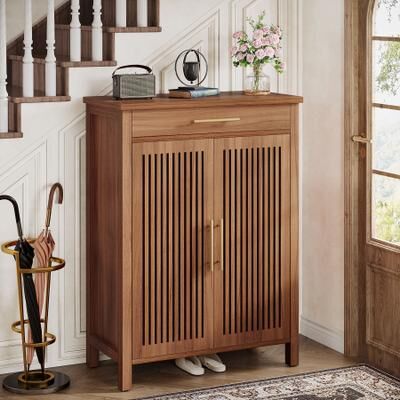 YUZHOU 5 Tier Wooden Shoe Storage Cabinet with Drawer and Louvered Doors