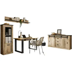BÜROMÖBEL-SET Set, Used Wood hell, anthrazit, mit Aktenregal, Kommode Wandregal
