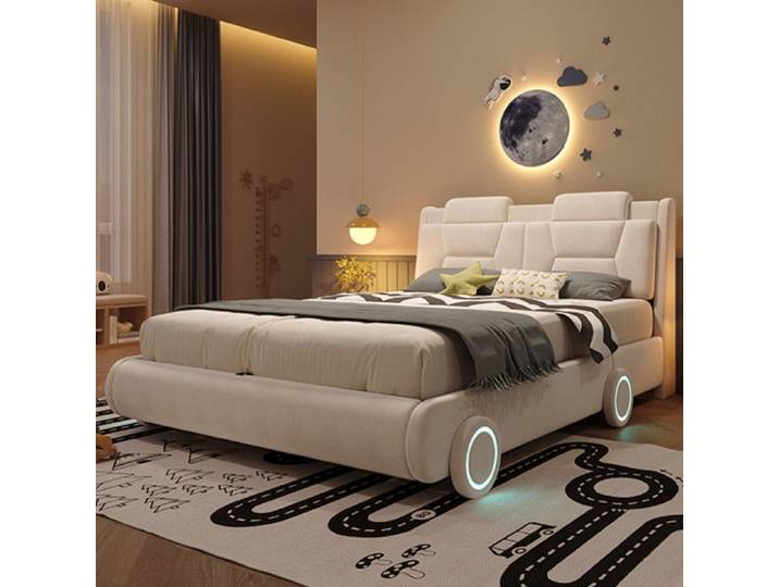 Luscriate - Lit capitonné lit enfant 140x200 cm Lit double avec tête réglable design voiture et roues lumineuses - Flanelle- Beige