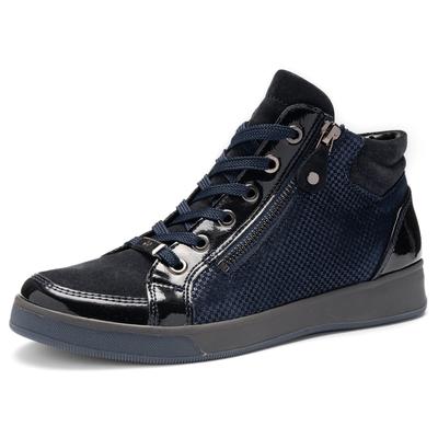 Sneakerboots ARA "ROM", Damen, Gr. 6,5, atmungsaktiv, blau (nachtblau), Glattleder, Lackleder, Veloursleder, unifarben, Schuhe Sneakerboots, Hightop Sneaker, Schnürboots mit Kontrastbesätze