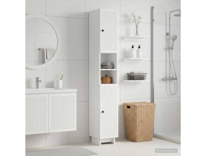 YUTAASU Badschrank mit Offenem Regal Weiß 30 x 31 x 190 cm Feuchtigkeitsbestaendig, Umkehrbare Tuer, Schlankes Design, Mehrere Faecher, Holzwerkstoff