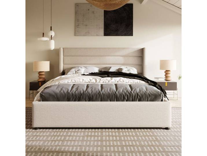Lit double Maisentiel 160x200 en lin beige avec coffre de rangement et tête capitonnée design moderne