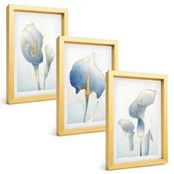 BILDER SET 3er Set - 20x30 cm Goldrahmen - Blaue Blumen im Hintergrund