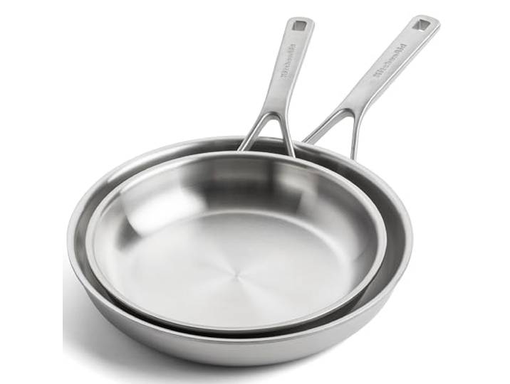 KitchenAid MultiPly Stainless Steel PFAS-freies Keramik-Antihaft-Pfannenset aus Edelstahl, 2-teilig, 24 cm und 28 cm, Triply, Mehrschichtig, Induktion, Backofenfest bis 220°C,Spülmaschinenfest,Silber