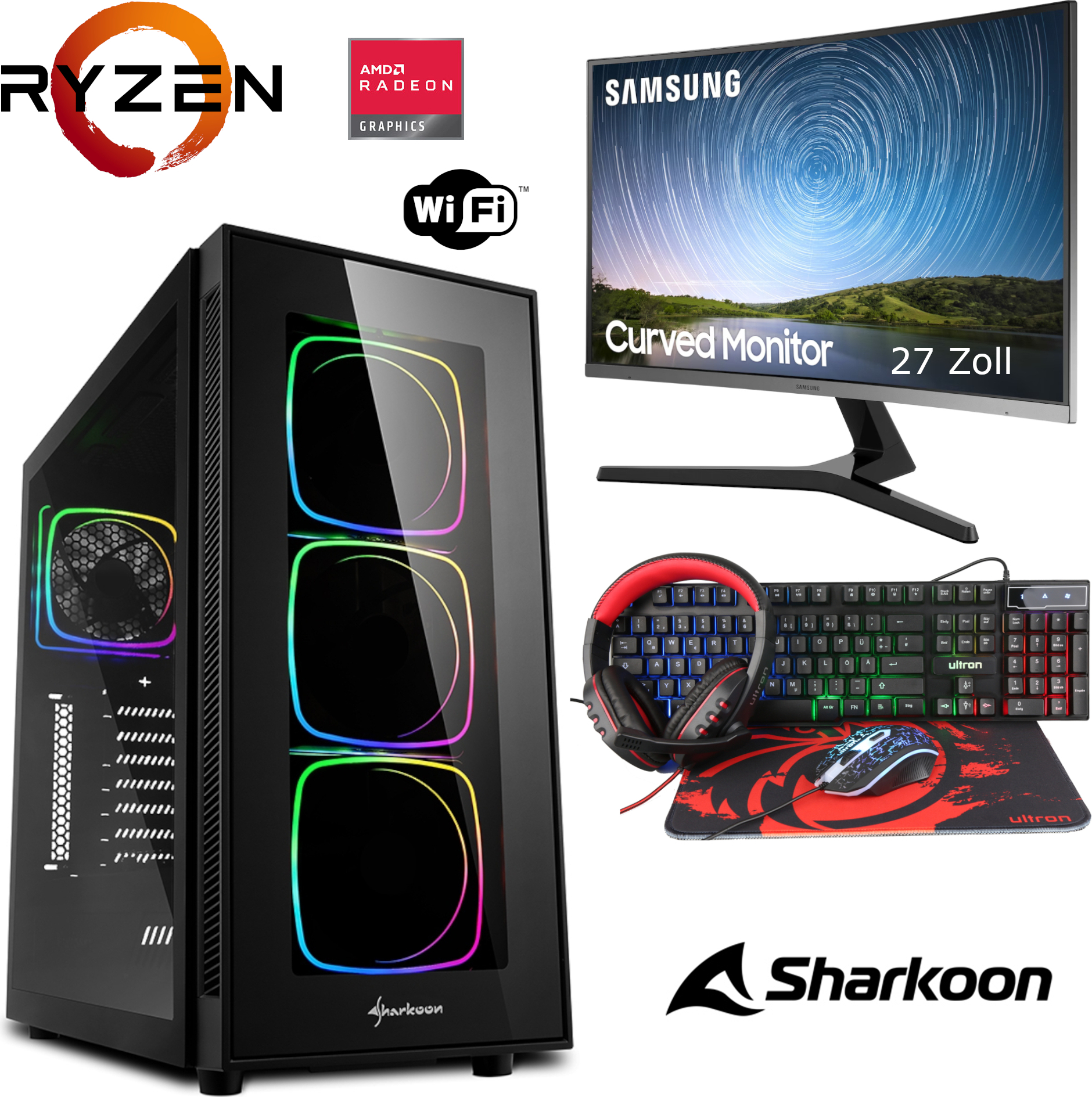 Gaming Komplett Set - Ryzen 5 5600G 6x4,4GHz - 32GB RAM - Radeon Graphics - 27"Samsung Curved LED Monitor - 4 in 1 Gaming Kit - RGB Echtglas Gehäuse