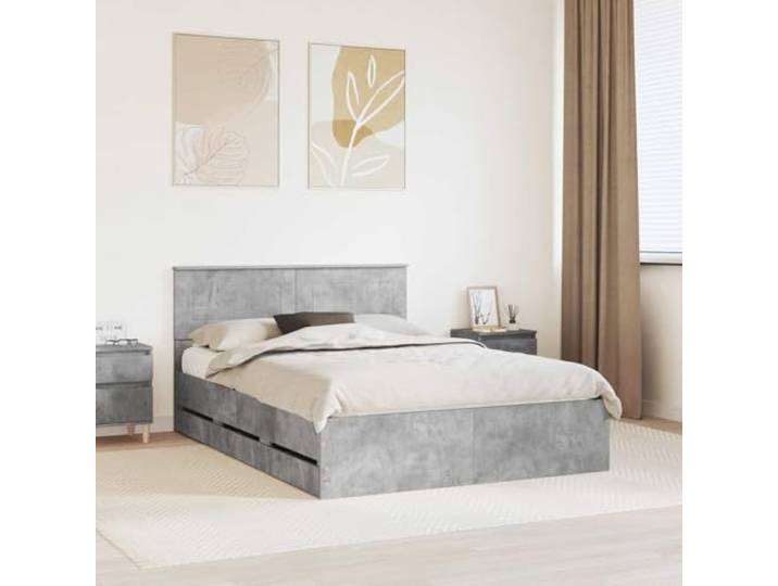 RJPLMFV Bettgestell, 150 x 200 cm, Grau, Beton, Holz, Technik Integrierte geheime Aufbewahrung, fester Lattenboden, modernes minimalistisches Design, einfache Reinigung