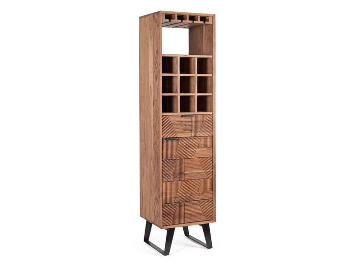 Feeling4Home Barschrank Isar aus Akazienholz, 180 cm Fronte aus handgefertigten Schnitzereien