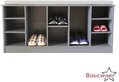 Basicwise Wooden Shoe Storage Bench Cushioned Seat Open Cubby Compartments