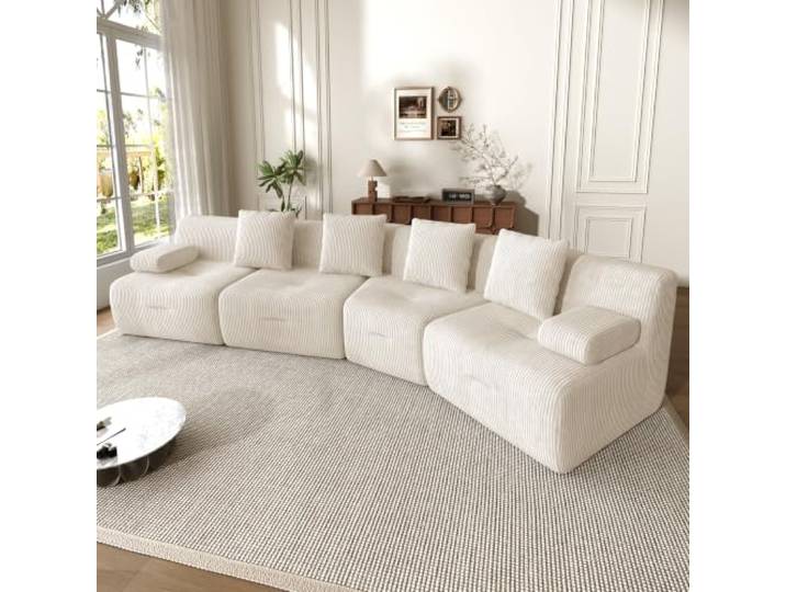 Merax Rahmenloses Bodensofa aus Cordstoff, 4-Sitzer modulares Sofa mit frei kombinierbaren Sitzmodulen, montagefreie Schaumstoff Couch für Wohnzimmer, Lounge, 311x90x65 cm, Hellbeige
