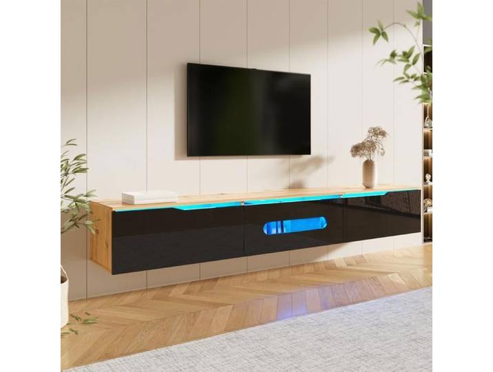 Armoire TV Elégante avec Lumière LED Haute Brillance Meuble TV Suspendu 3 Portes Noir et Bois 180x35x30cm