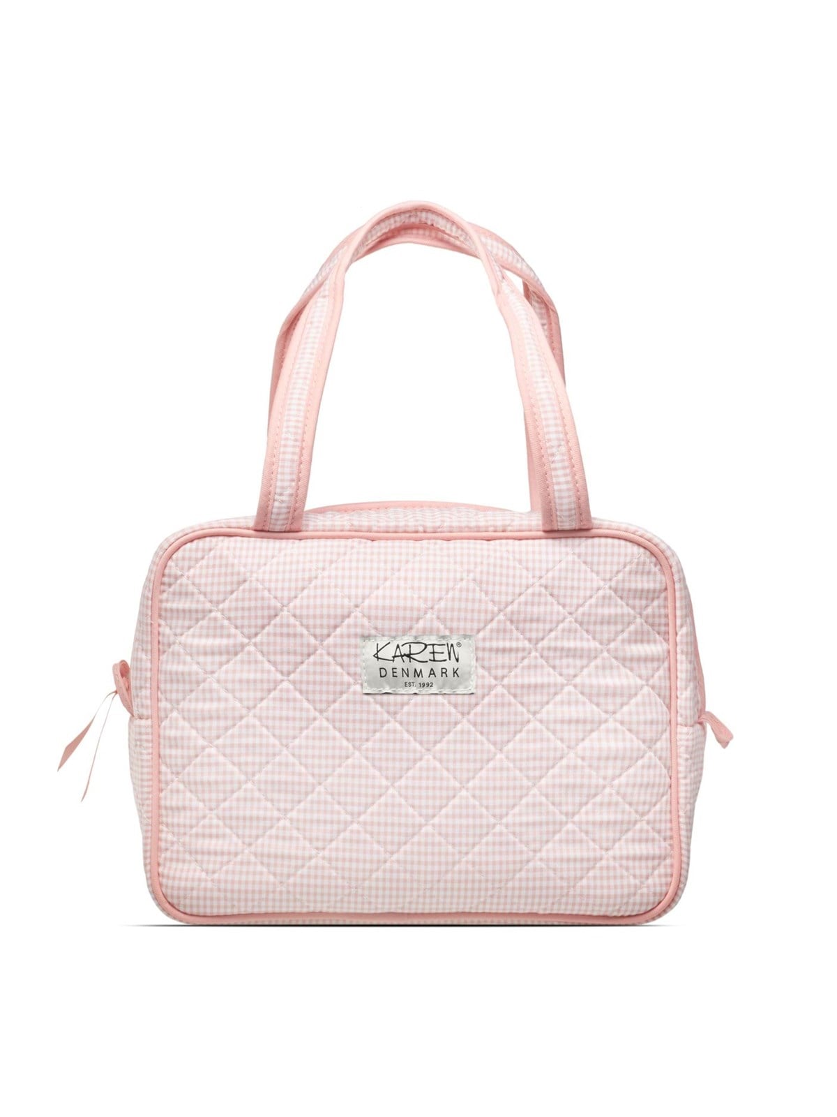 Karen Large toiletry bag with handle in pink checkered quilt