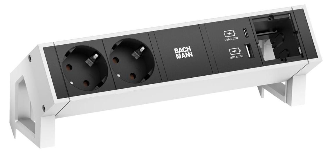 Bachmann DESK2 Stopcontactunit met 2x CEE7/3 stopcontacten, 1x USB-poort en 1x CM-connector, 22W, RAL9010, 0,2 meter