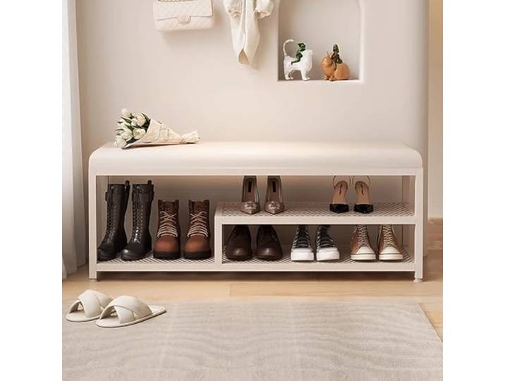 MARIYCH Schuhregalbank mit Stauraum für den Eingangsbereich, Sitzfläche aus weißem PU-Leder und Metallrahmen, Sitzbank am Fenster für Flur, Eingang, Schlafzimmer, Ecke