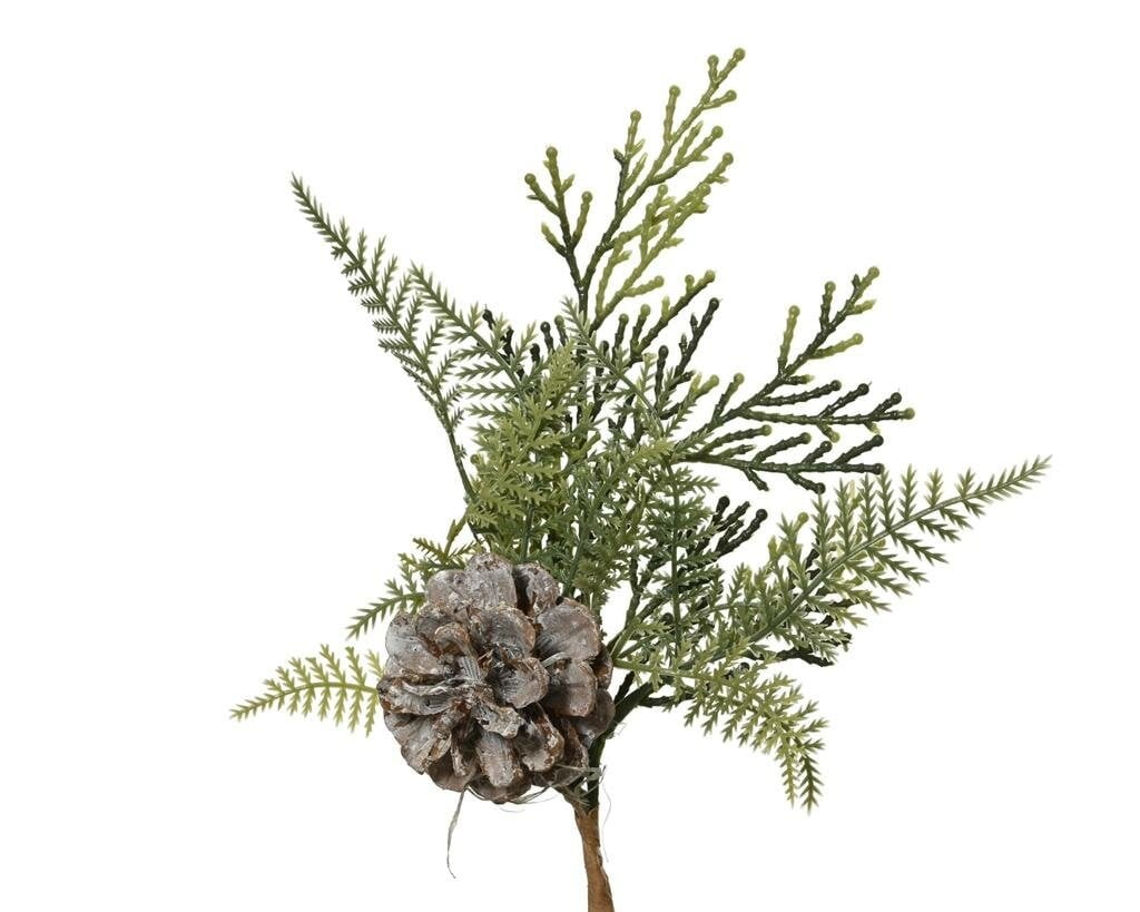 Gemengde bos decoratie op steel met dennenappel, groen, 22 cm