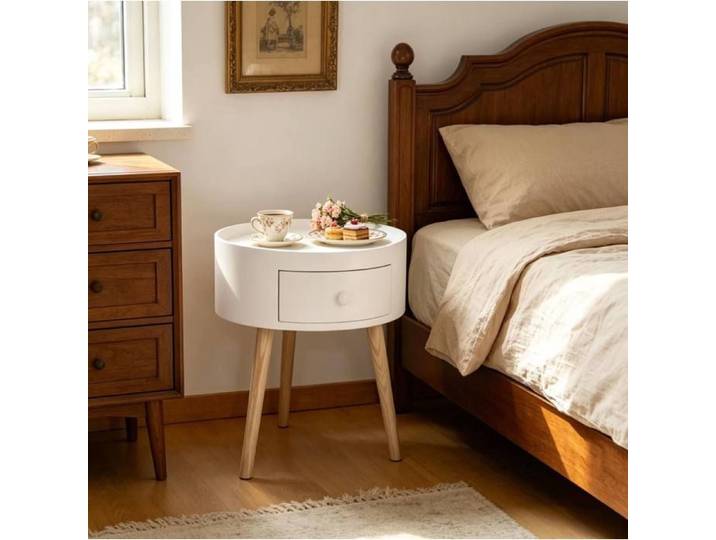 VUENOR Table de chevet ronde 38x38x45 cm blanc et bois clair - avec tiroir