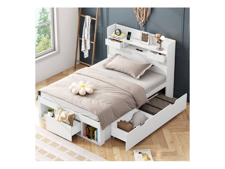 Flieks Holzbett, Einzelbett 90x200cm mit USB-Laden & Schubladen & Stauraumfächer