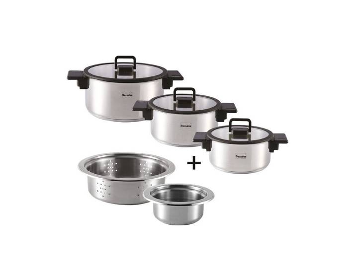 Berndes Topf-Set Stapelbares Kochtopfset, 5-teilig, Edelstahl, poliert - b.miracle, Edelstahl