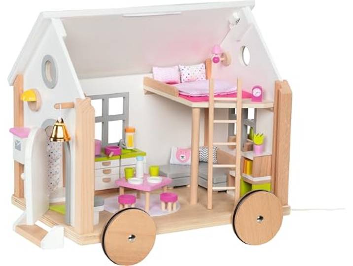 goki 51477 - Tiny House Hygge aus Holz und Textil für Mini-Puppen, Mobiles Puppenhaus im skandinavischen Stil, 38cm x 27cm x 33cm, 40er Set, ab 3 Jahre