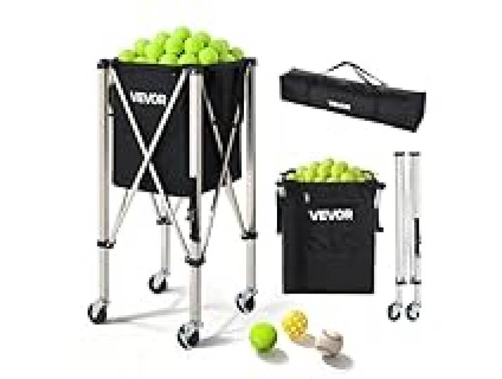 VEVOR Panier à Balles de Tennis avec roulettes, Capacité de 200 Balles, Chariot Pliable Ramasse-Balles en Acier INOX, Panier Portable pour Entraînement de Tennis et Pickleball, avec Sac de Rangement