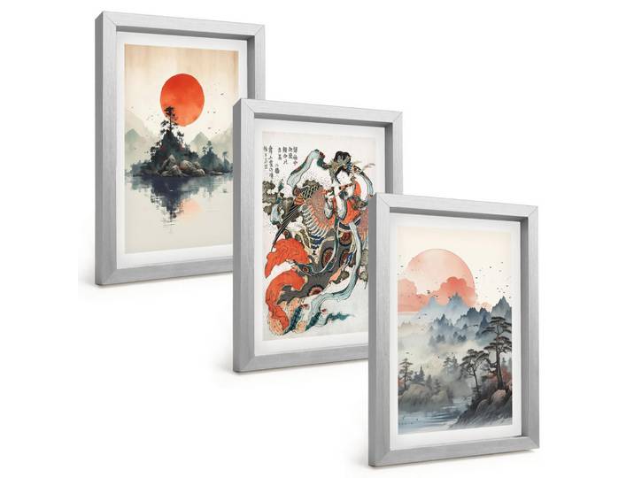 Tulup Bilder SET 3er Set - 20x30 cm Silberner Rahmen - Asiatische Japandi-Malereien, Silberfarben, Kunststoff, Rechteckig, 20x30 cm, Fotografie, Bilder & Rahmen, Bilder