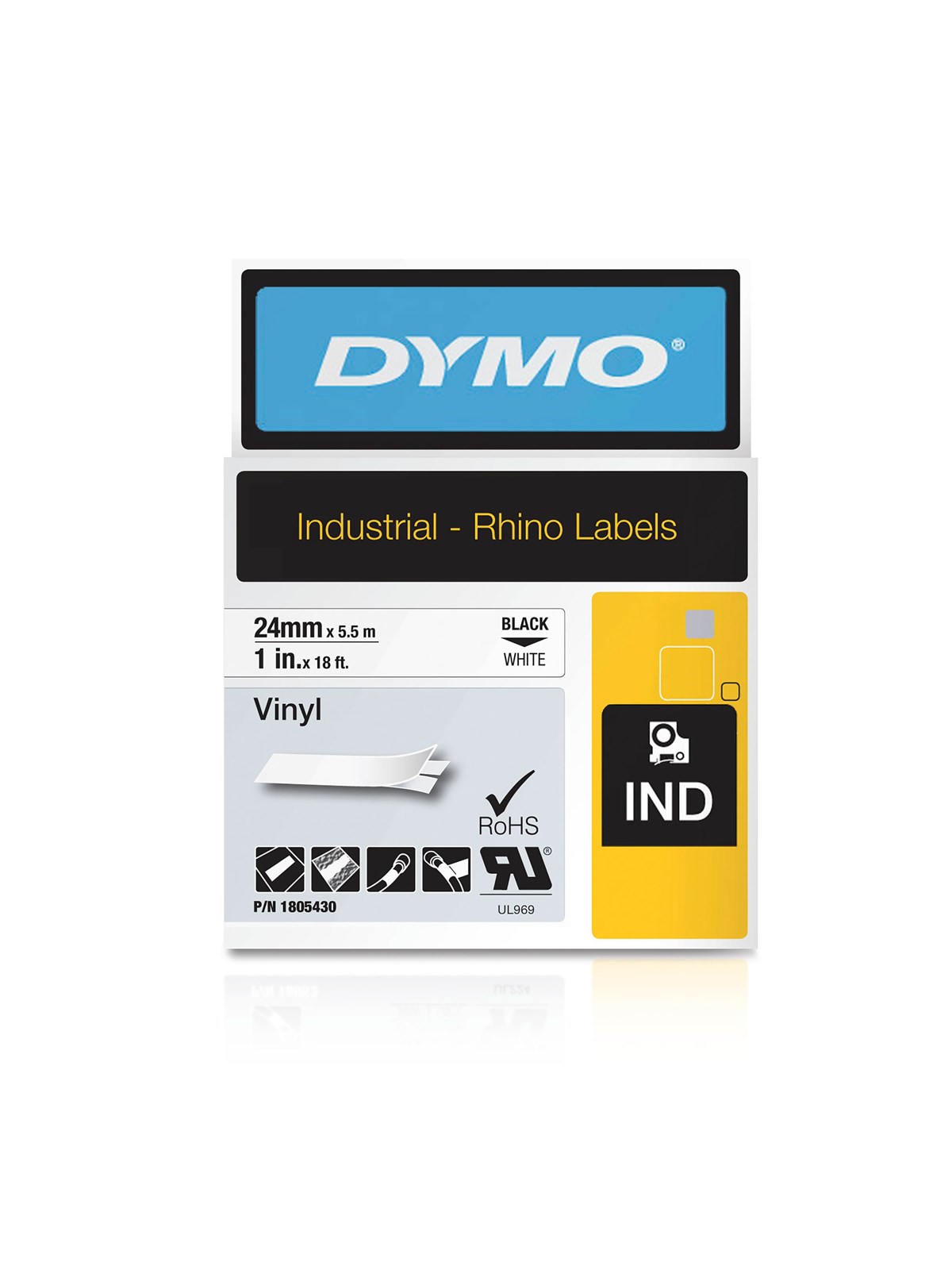 DYMO Rhino-Industrie-Vinyletiketten | 24 mm x 5,5 m | schwarzer Druck auf weißem Untergrund