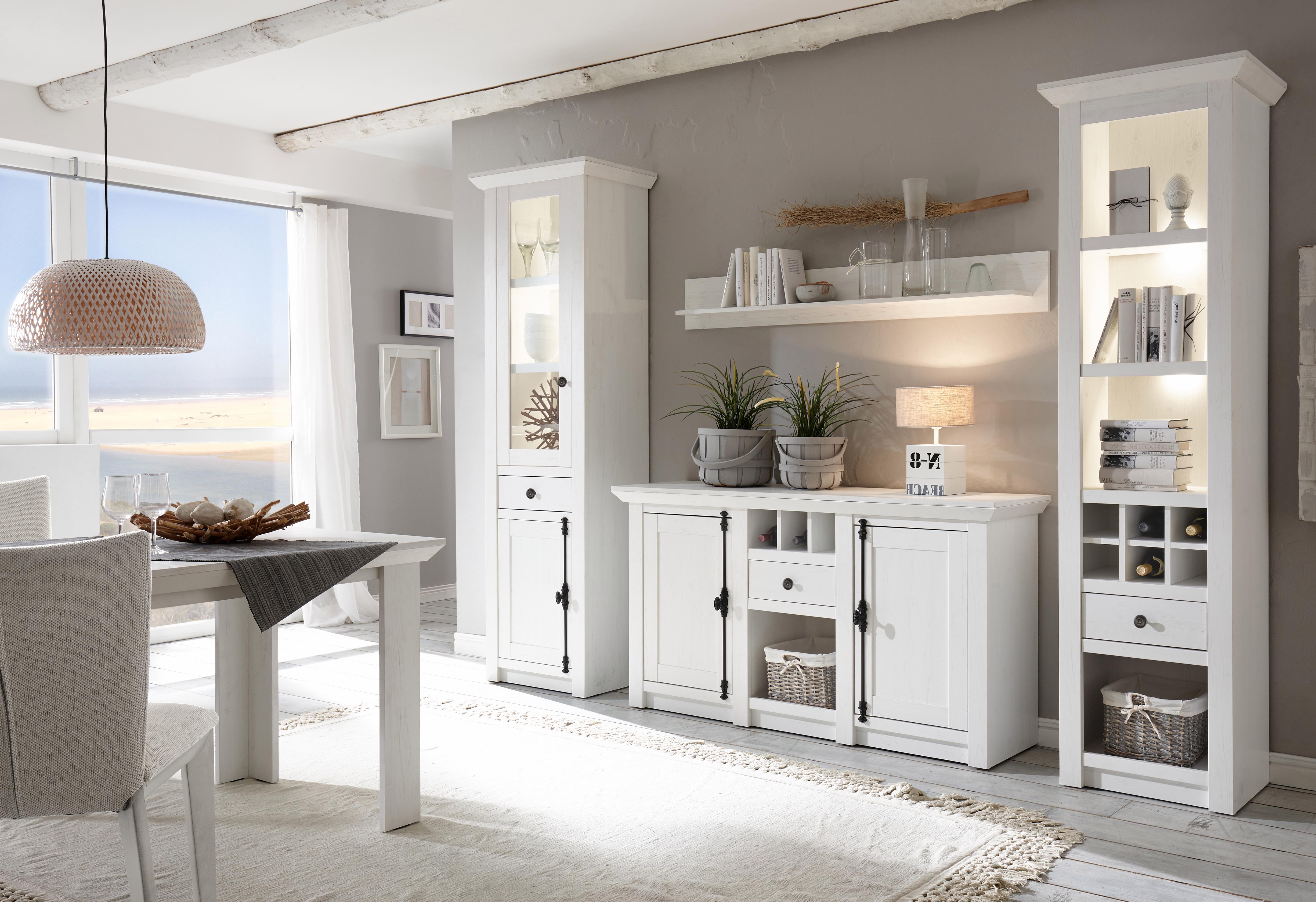 Wohnwand HOME AFFAIRE "California", weiss (pinie weiß), B:293cm, Kastenmöbel-Sets, Wohnwand, bestehend aus Standregal, Vitrine, Sideboard, Wandregal pinie weiß B/H/T: 293cmcm