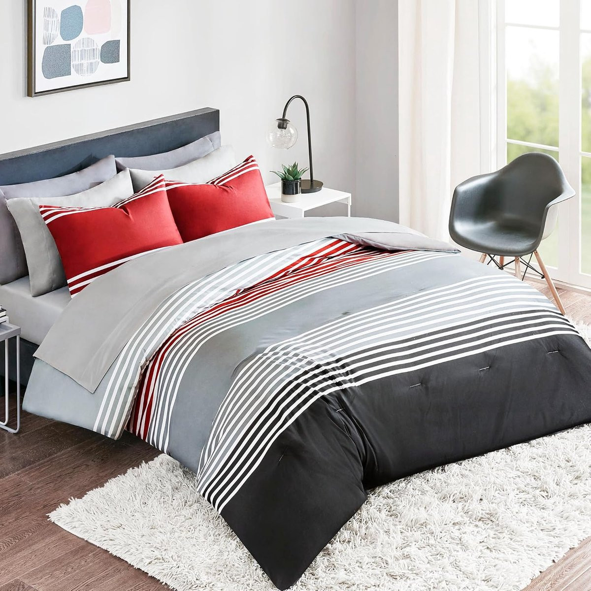 Spaces Trooster Set All Season Microfiber Beddengoed met Hoeslaken, Rood/Grijs, 200 x 220 cm