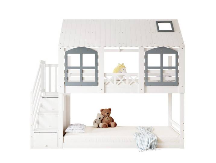 Komhtom Hausbett 90x200cm in Weiß mit 3 Schließfächer, Holz, Märchen/ Fantasie, 90x200 cm, Babymöbel & Kindermöbel, Kinderzimmer & Jugendzimmer, Kinderbetten, Spielbetten