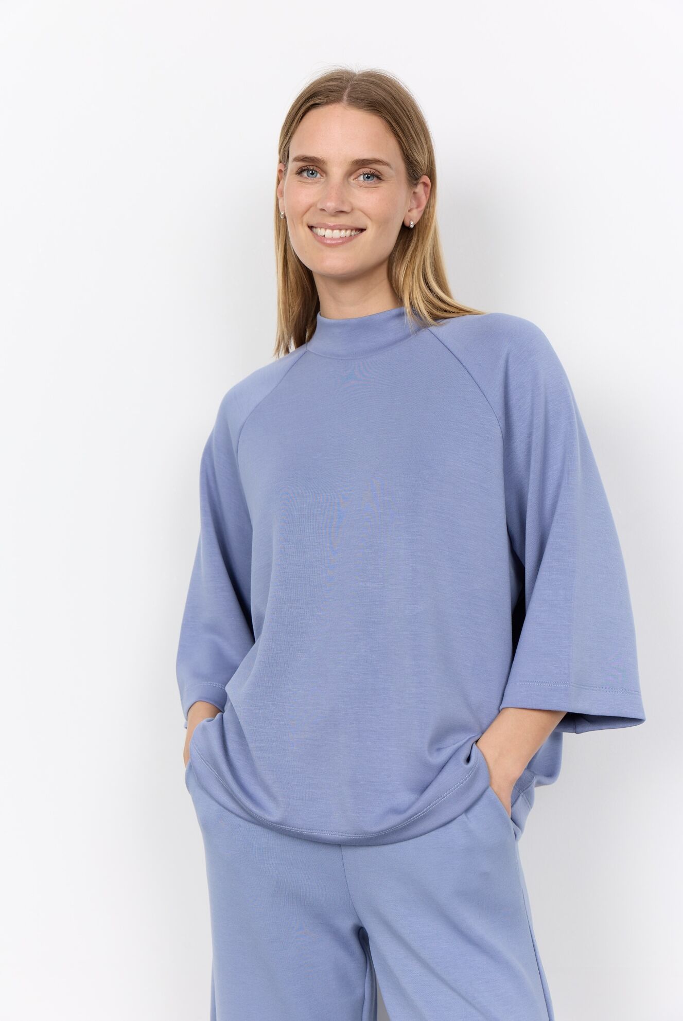 3/4-Arm-Shirt SOYACONCEPT "SC-BANU 261", Damen, Gr. L, tempest, Jersey, Obermaterial: 48% Modal, 48% Polyester, 4% Elasthan, unifarben, normal, hoch geschlossener Ausschnitt, Shirts 3/4-Arm-Shirt, Viskosemischung tempest L