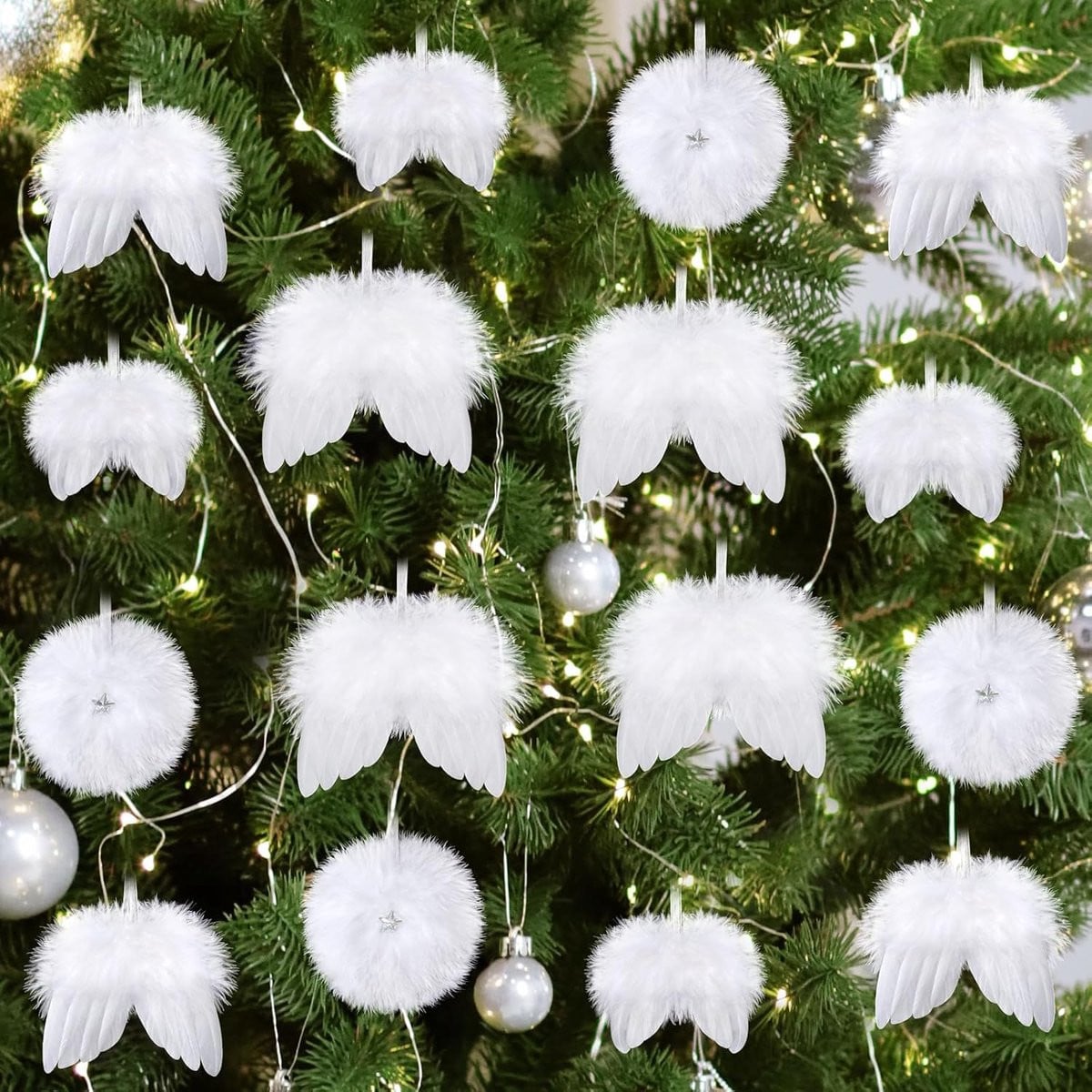 ShopVlot Kerstboomdecoratie 16 stuks Witte Engelenvleugels en Veren Hangende Ornamenten