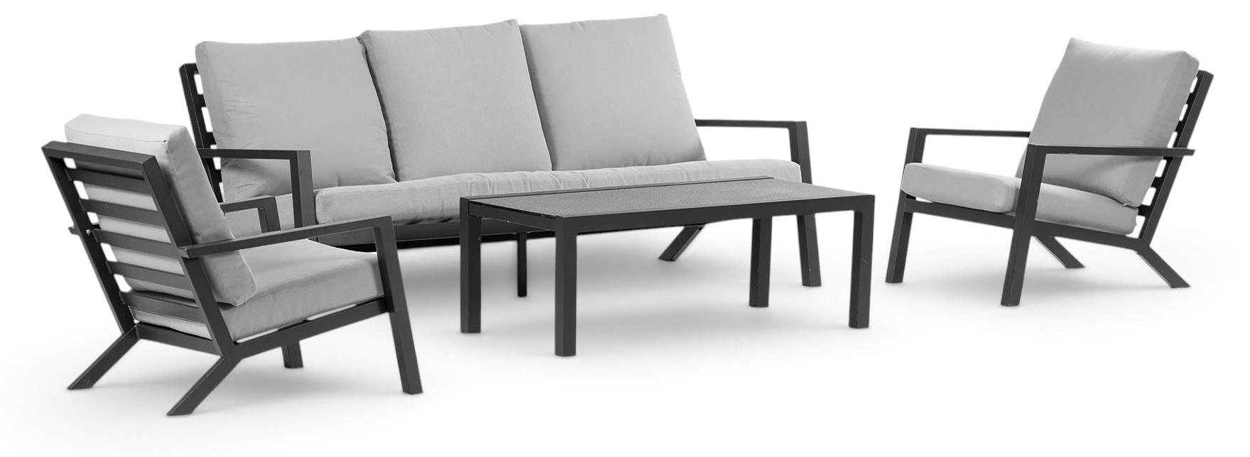 Sessel-Sofa Lounge-Set Bezano | 3-Sitzer | Mattschwarz / Creme | Aluminium