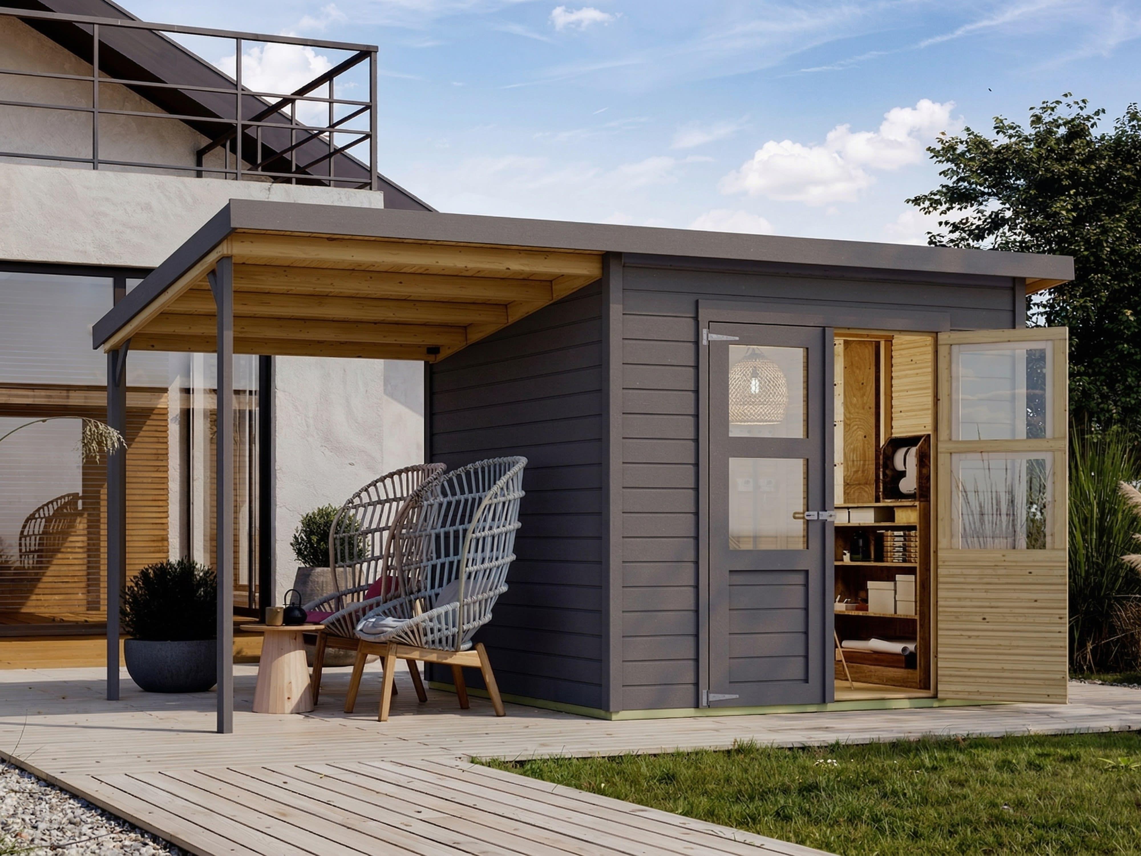 Gerätehaus Merseburg 4 14 mm terragrau inkl. 140 cm Anbau
