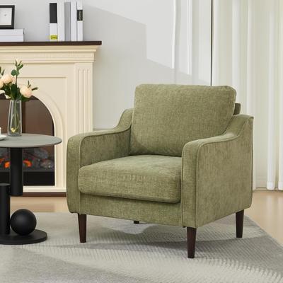 YUN Mid Century Accent Chair, Modern Upholstered Armchair with Linen Fabric & Wood Legs, Comfy Reading Chair
