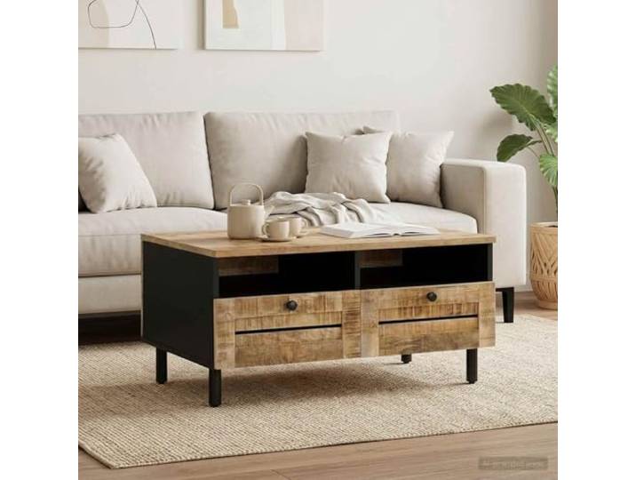 pokgdf Couchtisch Braun Schwarz 80 x 54 x 40 cm Massivholz Mango Massivholz Mango, rechteckig, schwarze Messingknöpfe, Stauraum, pflegeleicht, Wohnzimmer