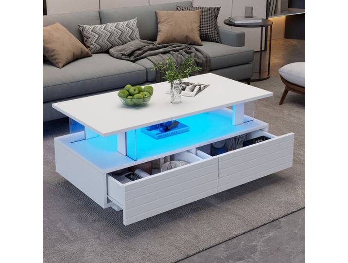 Table Basse - Brillante - LED Contrôle APP Bluetooth - 2 Tiroirs - 100x50x42cm
