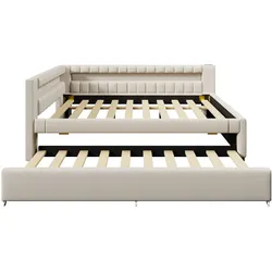 MODFU Daybett Leinen Beige 140x200 cm mit Ausziehbett, LED-Lichtleiste, USB und Type-C