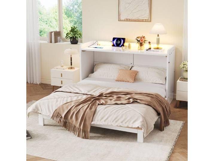 Lit escamotable - ZEVKOR - Lit Escamotable 2 Places - 140x200 cm - Tiroirs & tête de lit LED/USB/prise - Structure bois/MDF