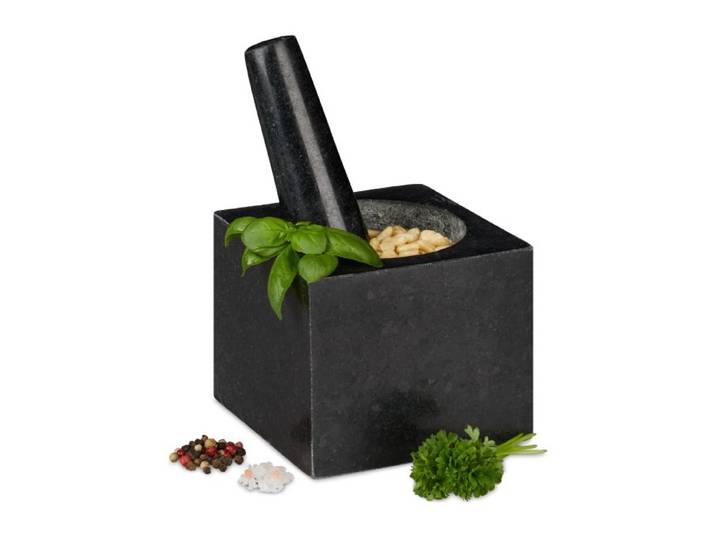 Relaxdays Eckiger Granit Mörser mit Stößel