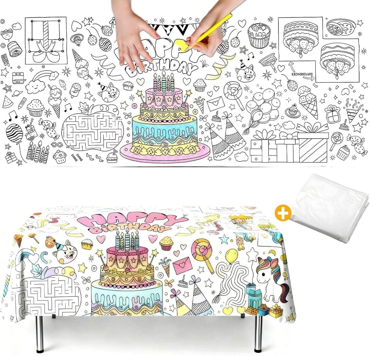 Giant Kleurplaat Tafelkleed voor Verjaardagsfeesten en Creatieve Activiteiten, 183 x 76 cm