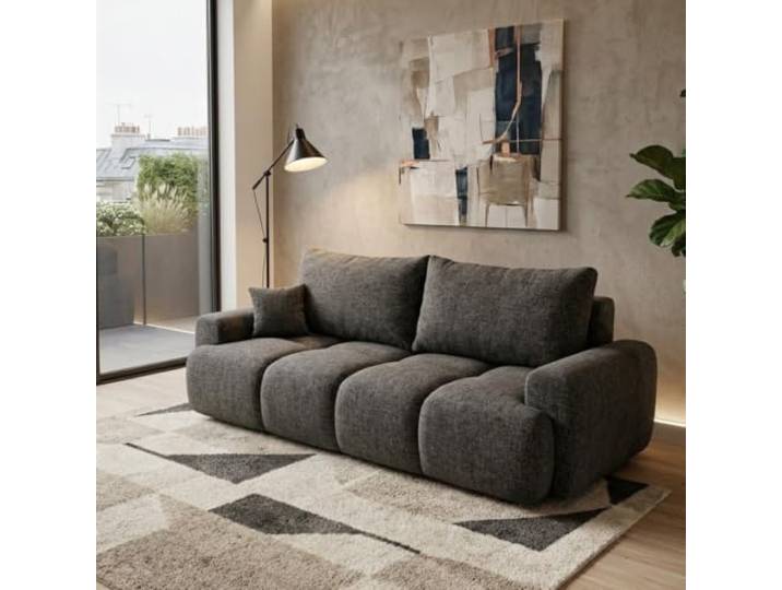 Mebligo Modernes Schlafsofa BALIMO 3-Sitzer mit Bettkasten und DL-Automat, Sofa mit Schlaffunktion fürs Wohnzimmer, Chenillestoff, Dunkelgrau