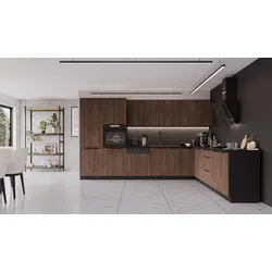 Winkelküche MONZA 350x290 cm Küchenzeile Eckküche Küche Nußbaum Okapi Schwarz