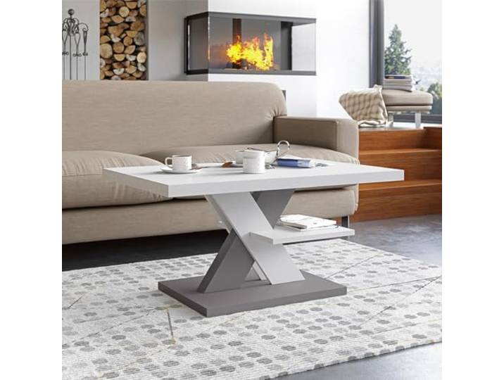 Viosimc Couchtisch, Moderner Wohnzimmertisch, Modern Möbel Wohnzimmer, Kaffeetisch, Sofatisch mit Großer Ablage, Beistelltisch für Tee und Kaffee – Coffee Table for Living Room - Weiß & Grau