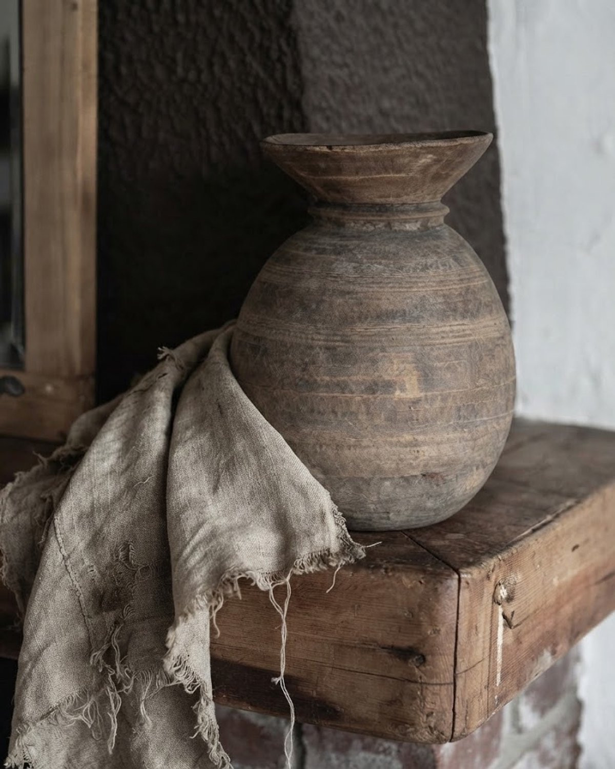 Authentieke Nepalese houten pot in wabi sabi stijl