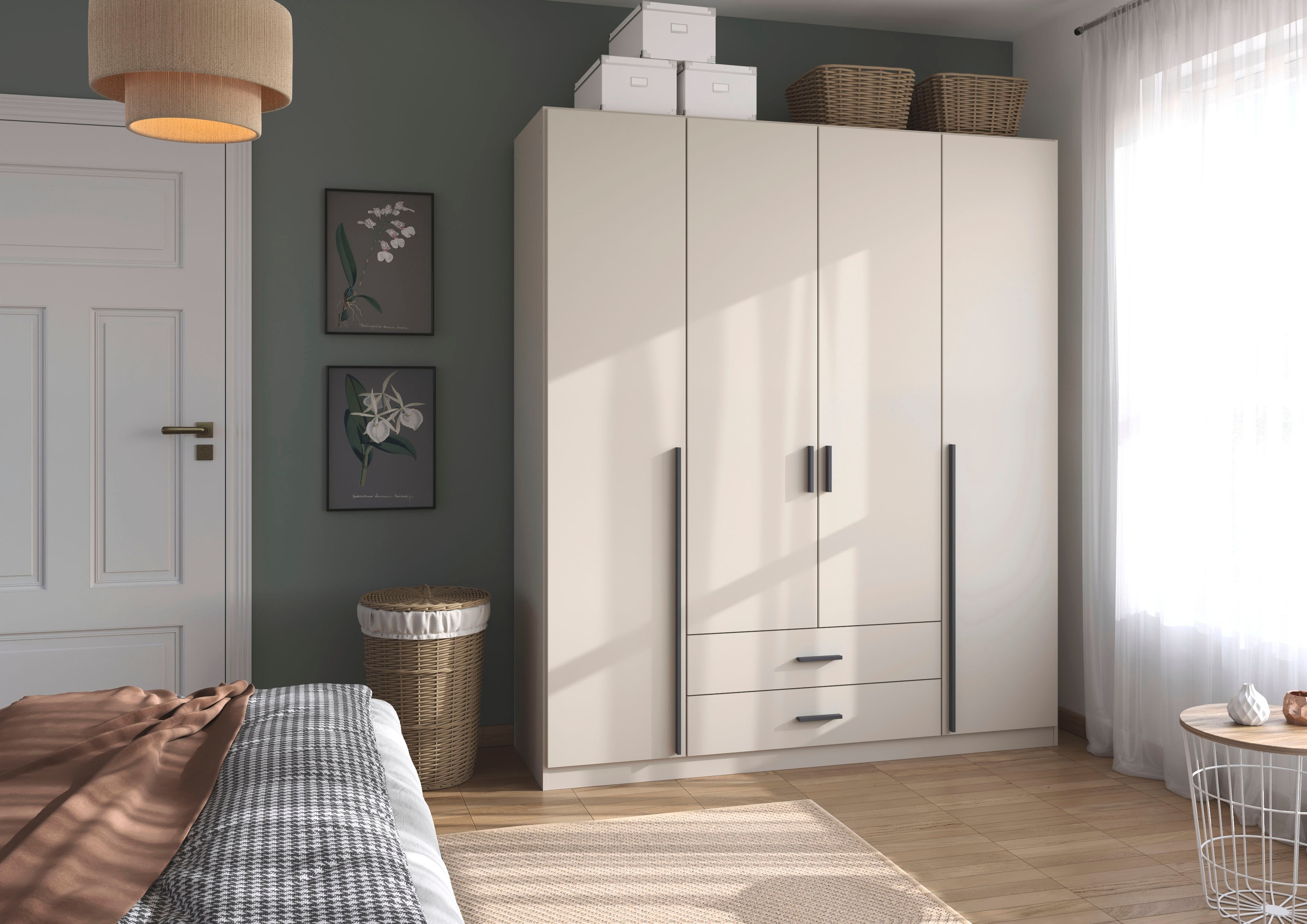 Drehtürenschrank RAUCH "Kleiderschrank Garderobe GAMMA Breiten 181 cm", beige (beige (champagner), griffstangen graumetallic), Schränke, Kinder, B/H/T: 181cm x 210cm x 54cm, Premium, Holzwerkstoff, Drehtürenschrank, mit Schubladen, verschiedene Griff-Vari