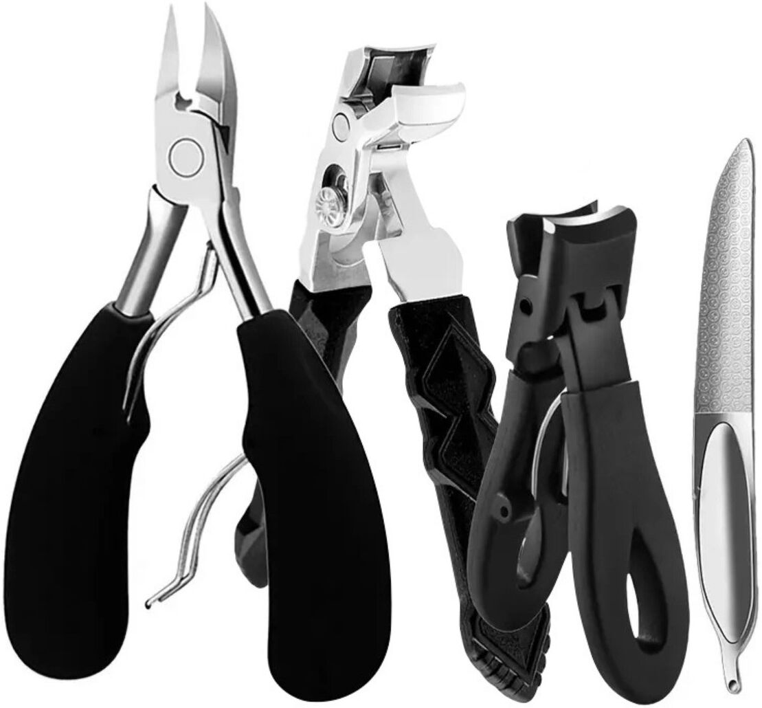 INF Set 4 pièces Pince à ongles à mâchoire large inclinée avec récupérateur, lime, plastique+acier inoxydable, noir