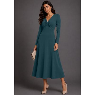 Abendkleid LAURA SCOTT, Damen, Gr. 34, N-Gr, Langarm, Jersey, grün (petrol), Jersey, Obermaterial: 95% Polyester, 5% Elasthan, unifarben, figurbetont wadenlang, V-Ausschnitt, Kleider Abendkleid, aus weicher Stretchware, figurbetonte Passform, wadenlang